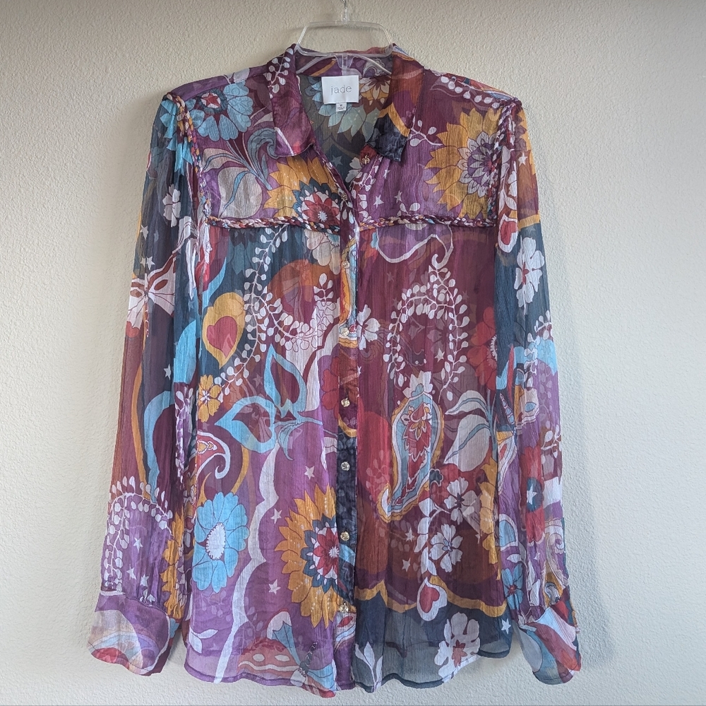 Johnny Was Jade Size Medium Boho Floral Sheer Blouse 100% Silk Multicolor Floral